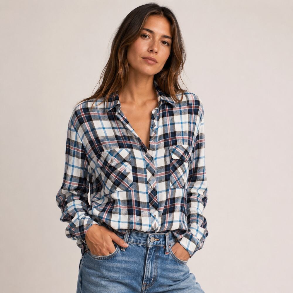 Rails x Free People Button up Flannel Shirt Gray White Plaid Size XS